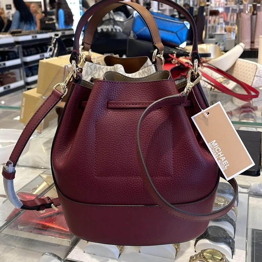 MICHAEL KORS  Reed Medium Pebbled Leather Bucket Bag Dark Cherry  NWT